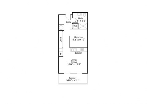 A floor plan of a house with a bath, entry, living room, kitchen, balcony, and two bedrooms.